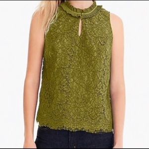 J.Crew Burnished Moss Lace Ruffle Neck Sleeveless Top Size Small
